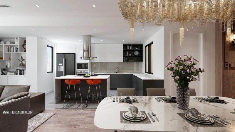 Mẫu bàn ăn mặt đá trắng vân mây 6 chỗ giúp gia đình cảm nhận được sự ấm áp và gần gũi hơn trong bữa tiệc.